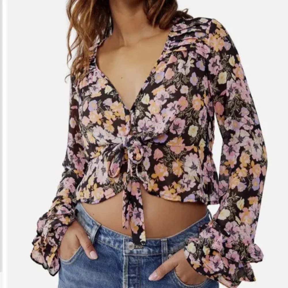 Free People Maybel Floral Blouse Tie Front Size XS